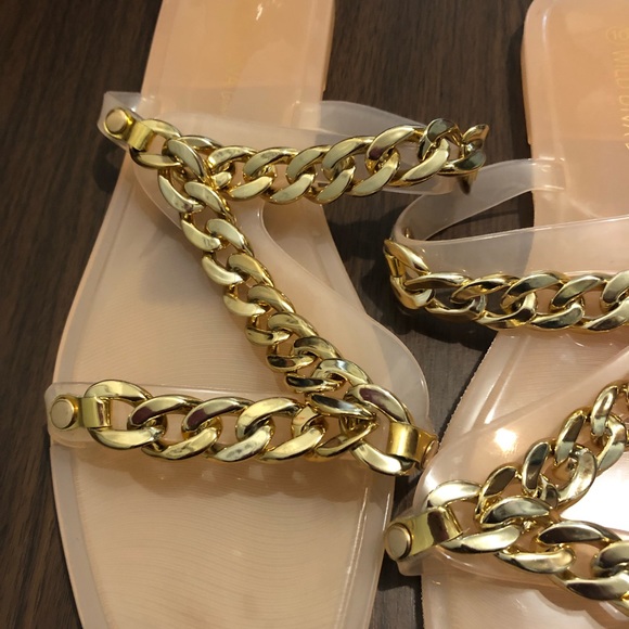New Wild Diva Lounge Peach Plastic Jelly Flat sandals Size 10 Gold chain Braided - Picture 10 of 16